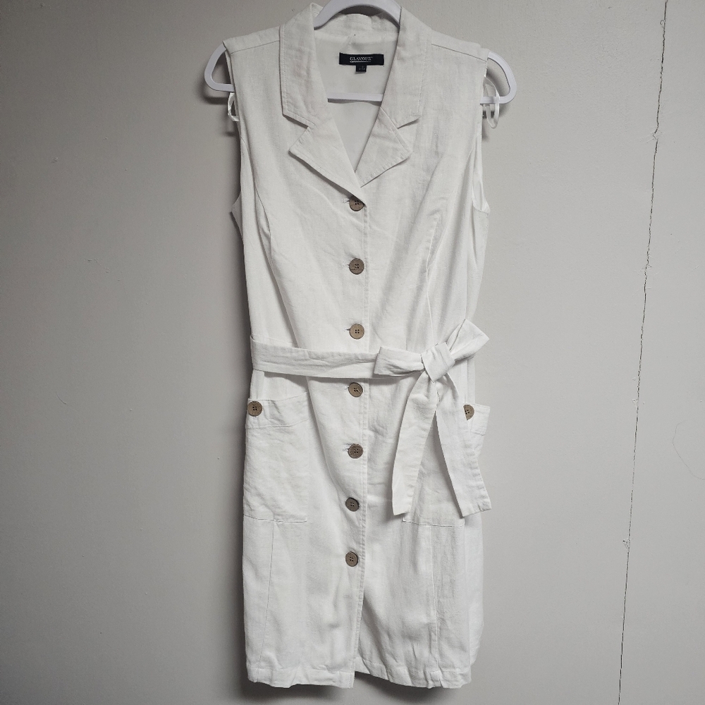 GLAMOUR White Linen Dress w Faux Wood Buttons and Pockets Resortwear‎ Old Money